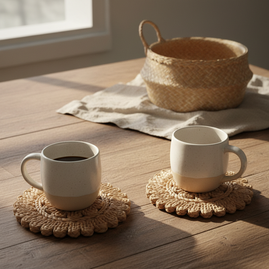 Jute Floral Double Ruffle Coaster Set